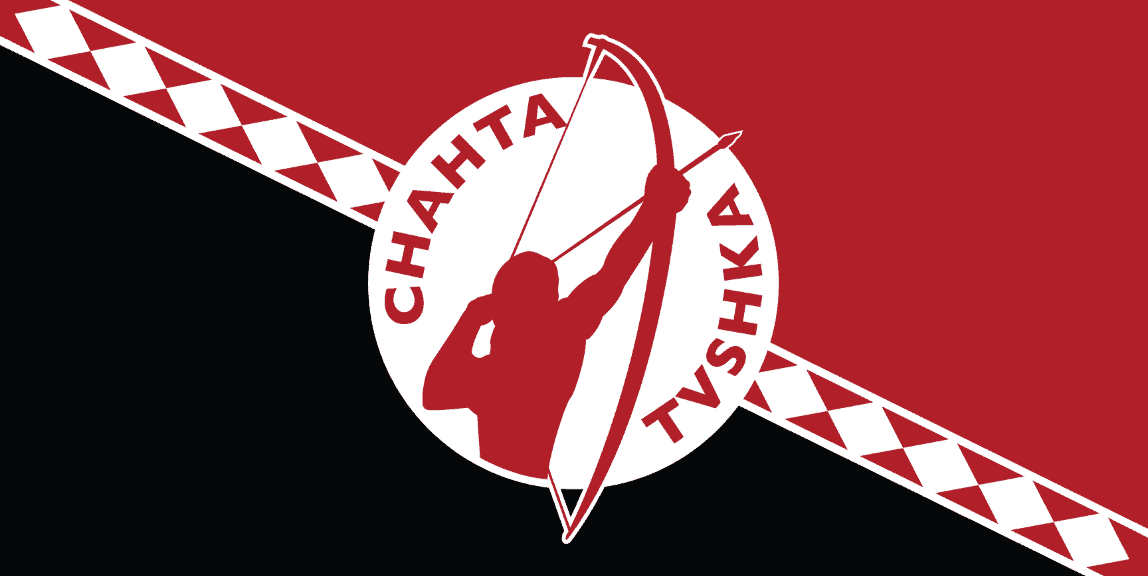 The Choctaw Veterans Flag is red and black, separated diagonally by a stripe of white diamonds. There is a white circle in the middle containing a red archer with drawn bow and the words "Chahta Tvshka" in red.